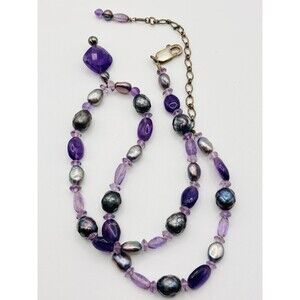 Sterling silver natural amethyst faceted black pearl Necklace